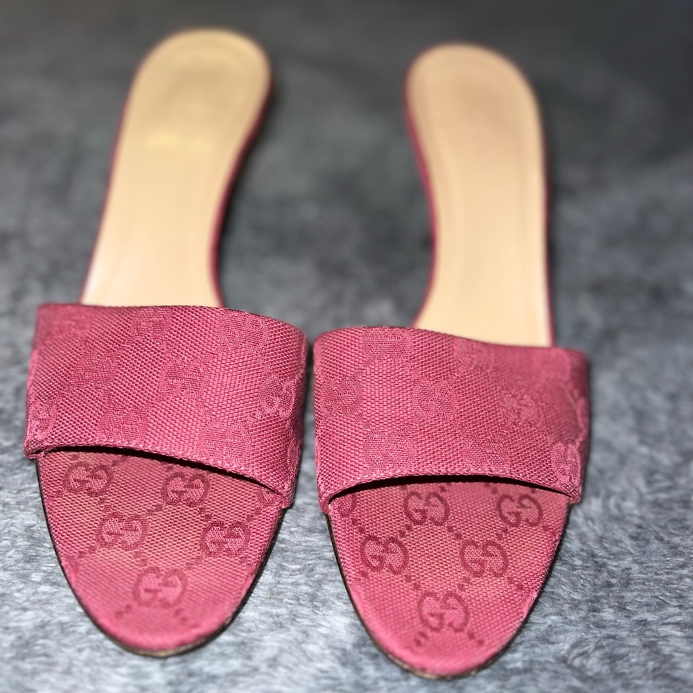 Gucci Pink Mules with Monogram Embossed Design Canvas Slide